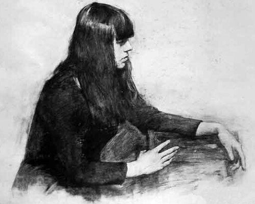 素描女青年半身带手